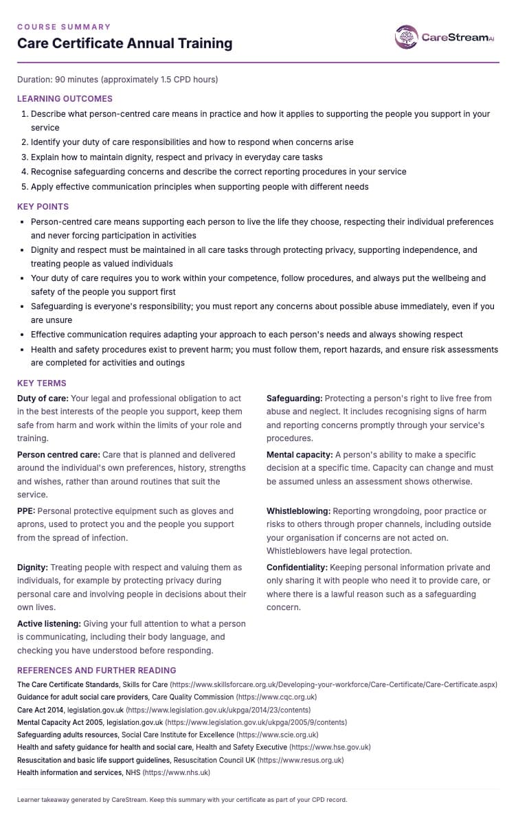 The printable one page course summary with learning outcomes, key points, key terms and references all available for CPD approved CareStream training modules