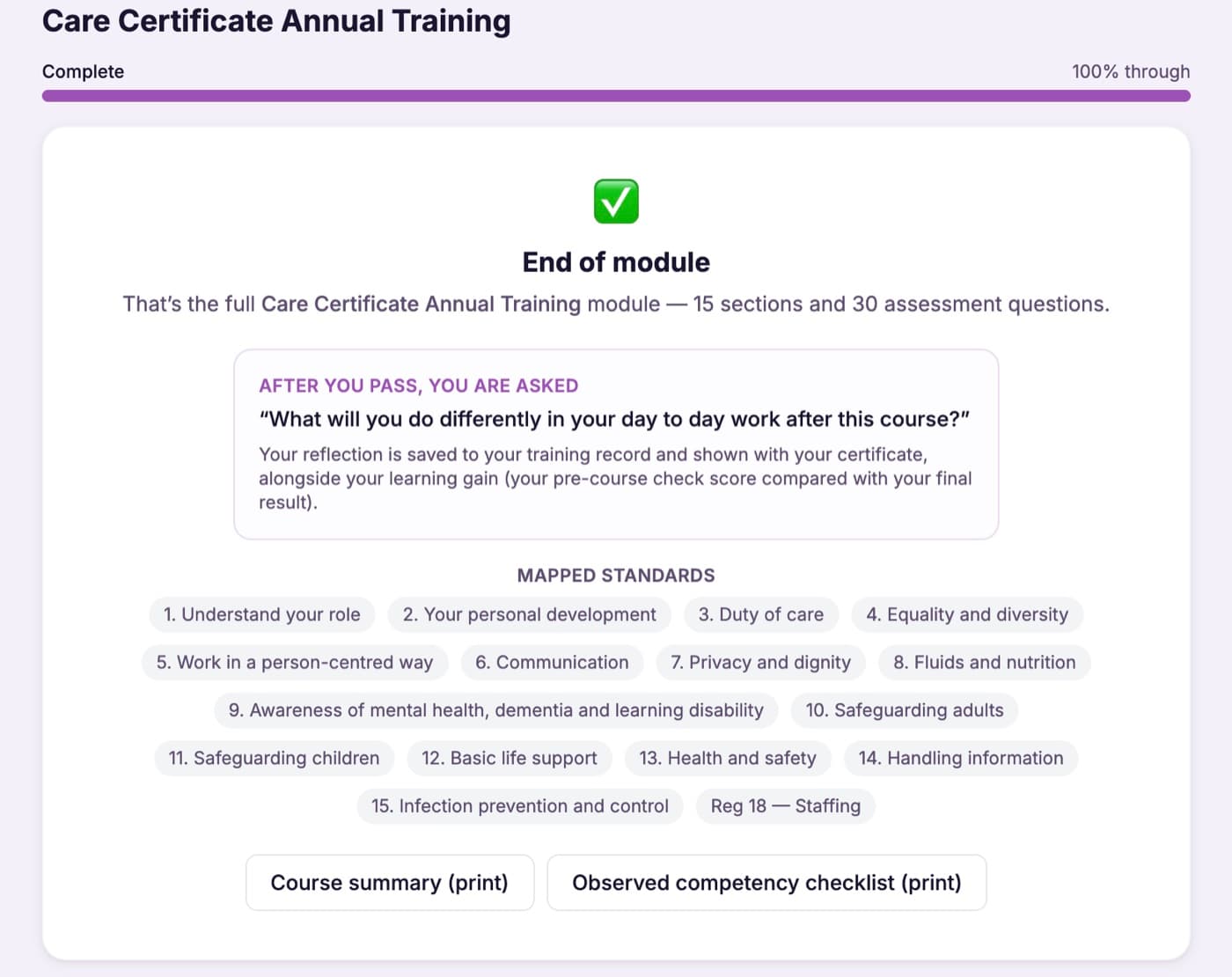 The end of module screen with the reflective practice prompt, mapped standards and the printable course summary and competency checklist all available in CareStream