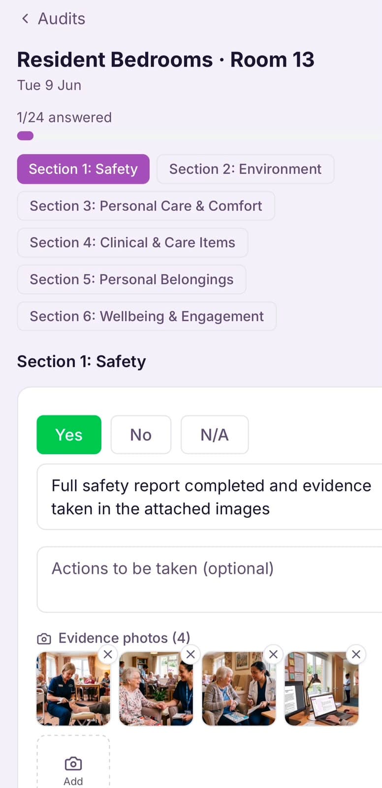 Conducting a CareStream care audit on a phone, attaching evidence photos to an audit question using the Add photo button