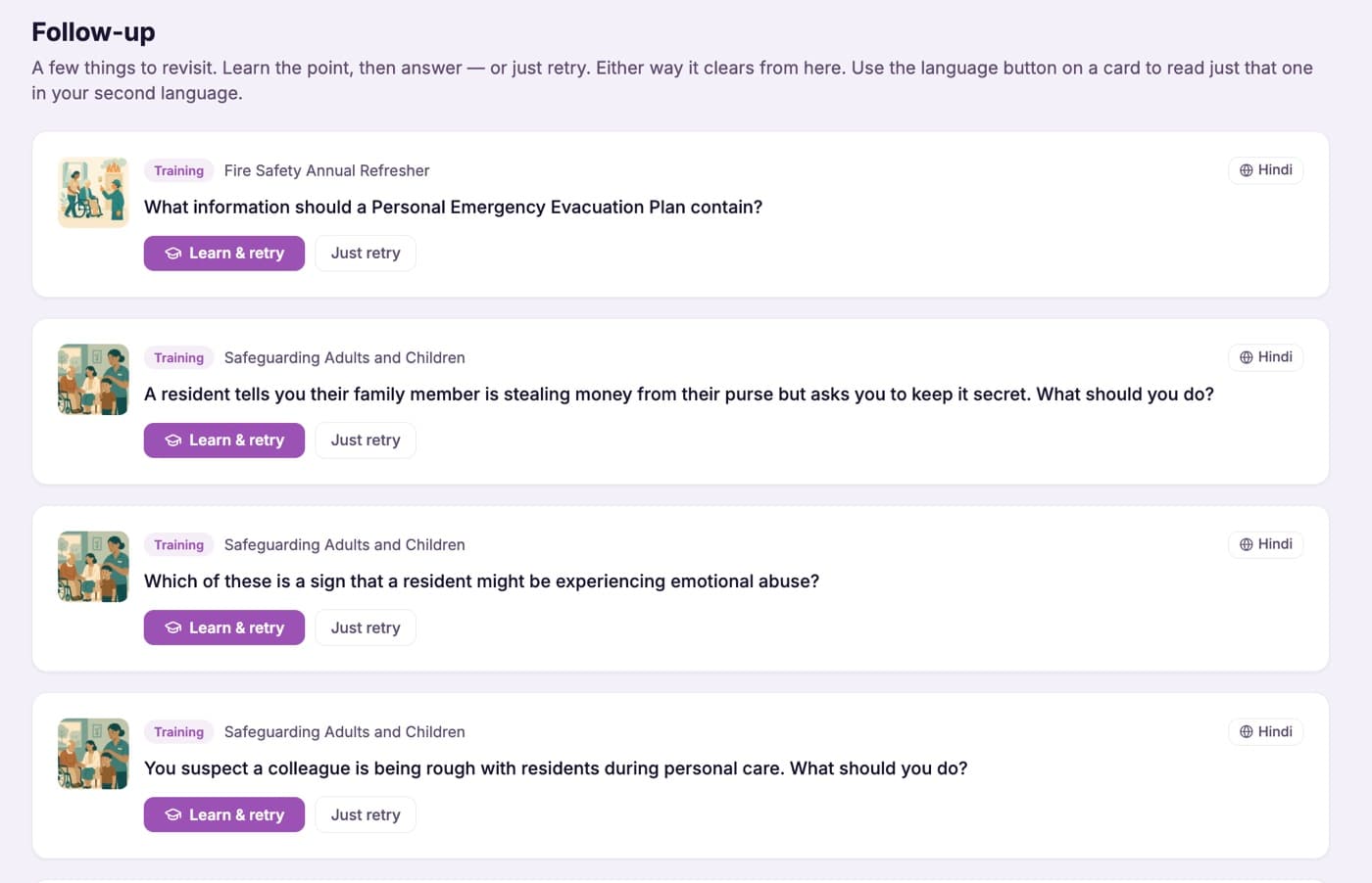 The Follow-up section of the staff hub listing the questions a staff member got wrong, each with Learn and retry options all available for CPD approved CareStream training modules