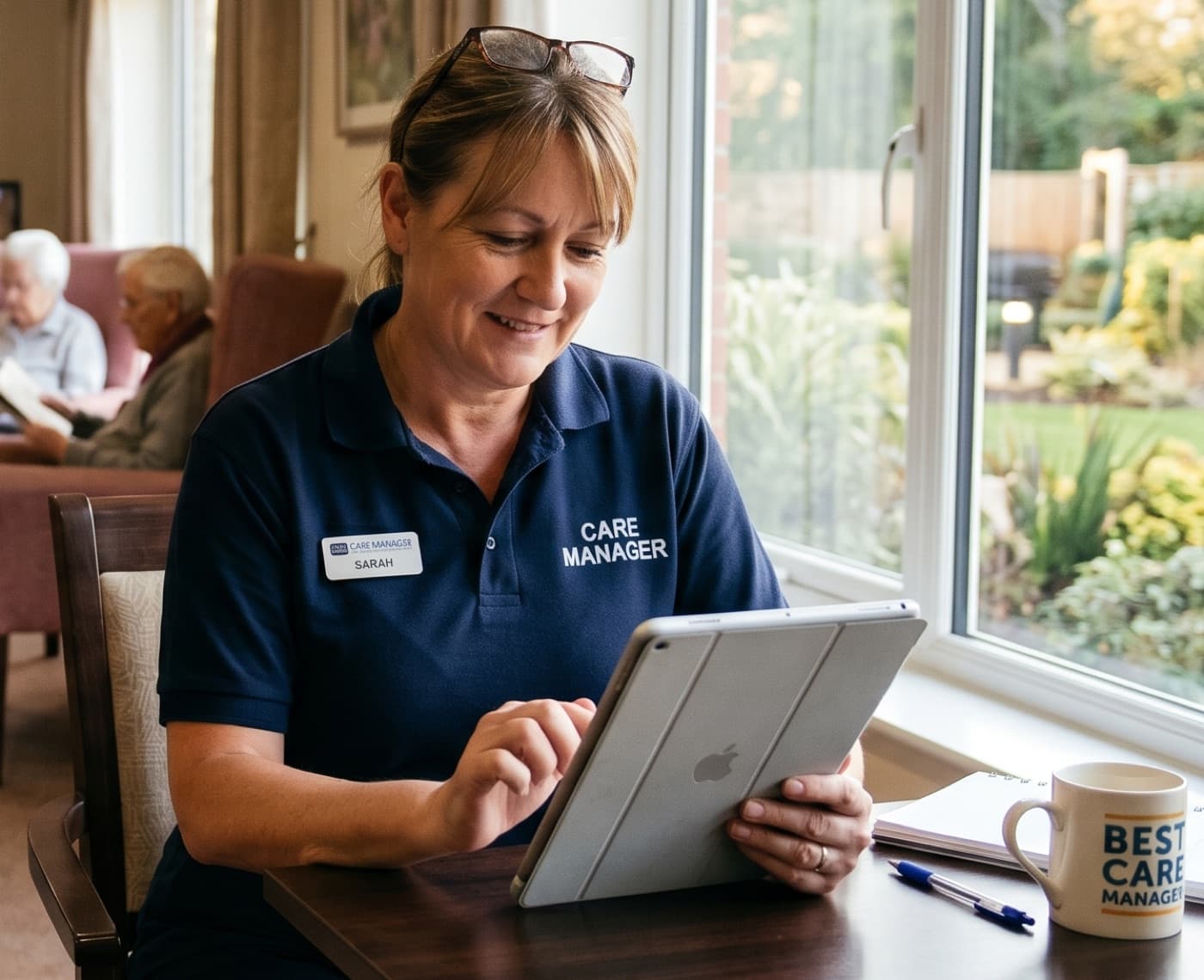 A care manager using CareStream on a tablet in a care home