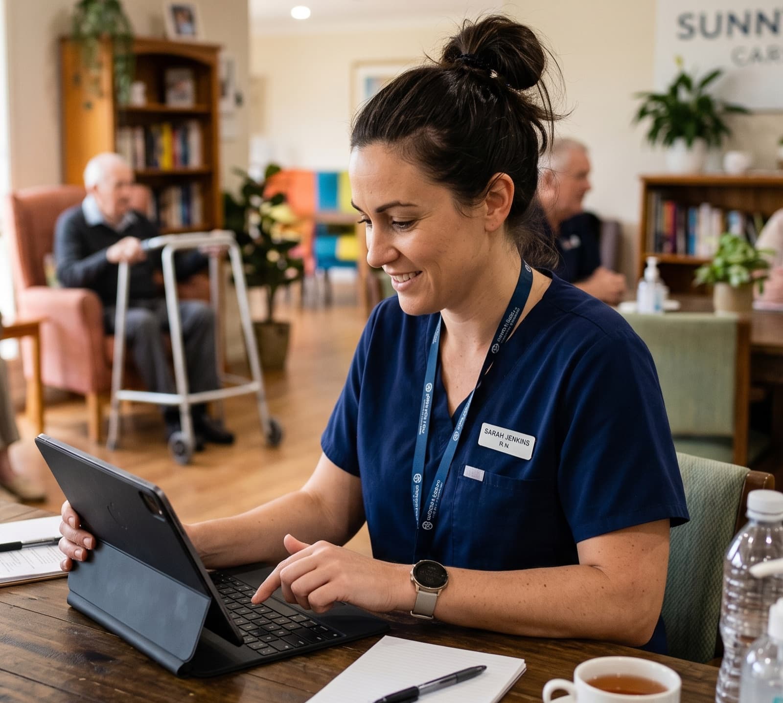 Care provider team reviewing policies on her laptop using either whatsapp or our live chat system where the nurse can interact with their policies in English or another language