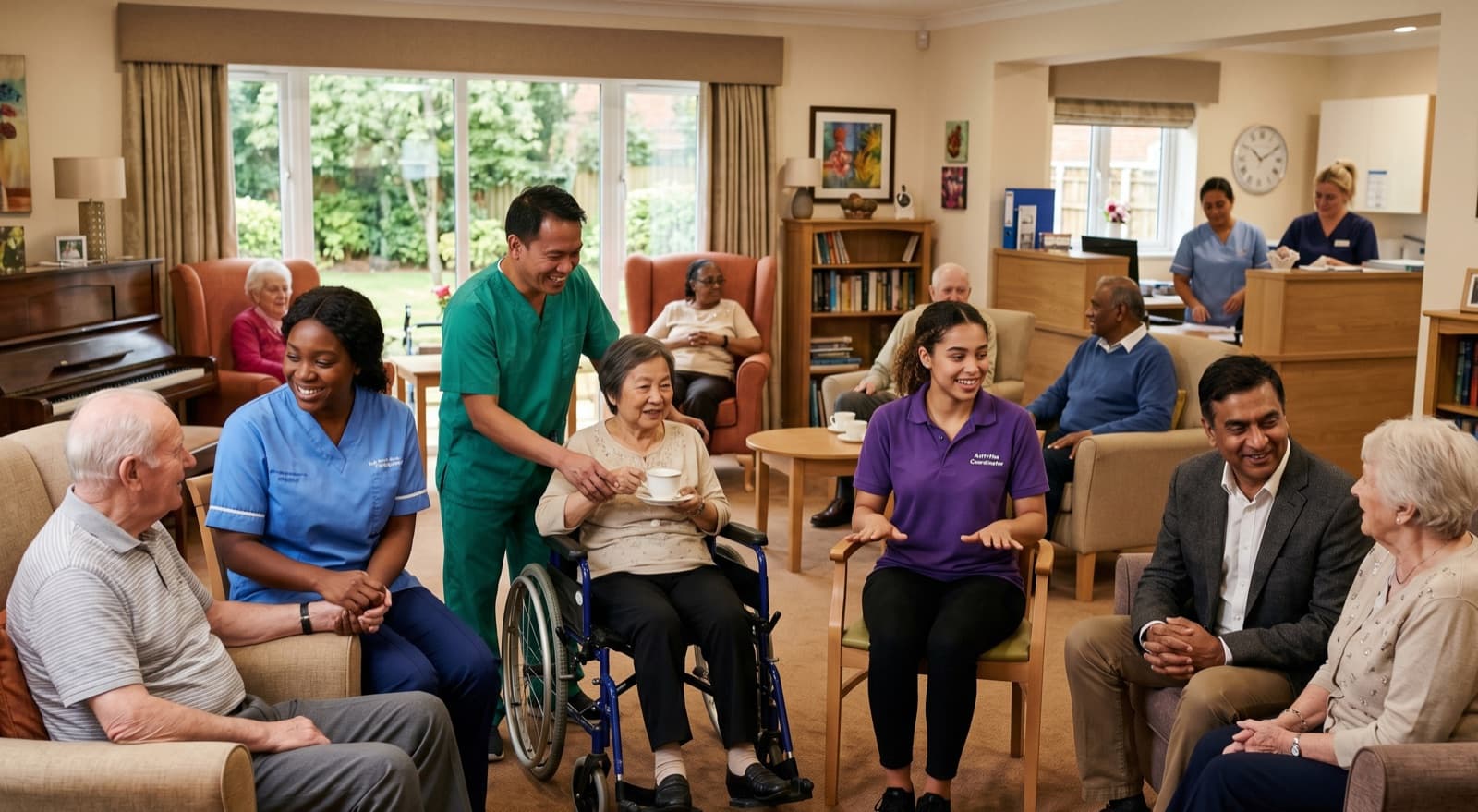 A diverse care team and residents together in the lounge of a nursing and care home