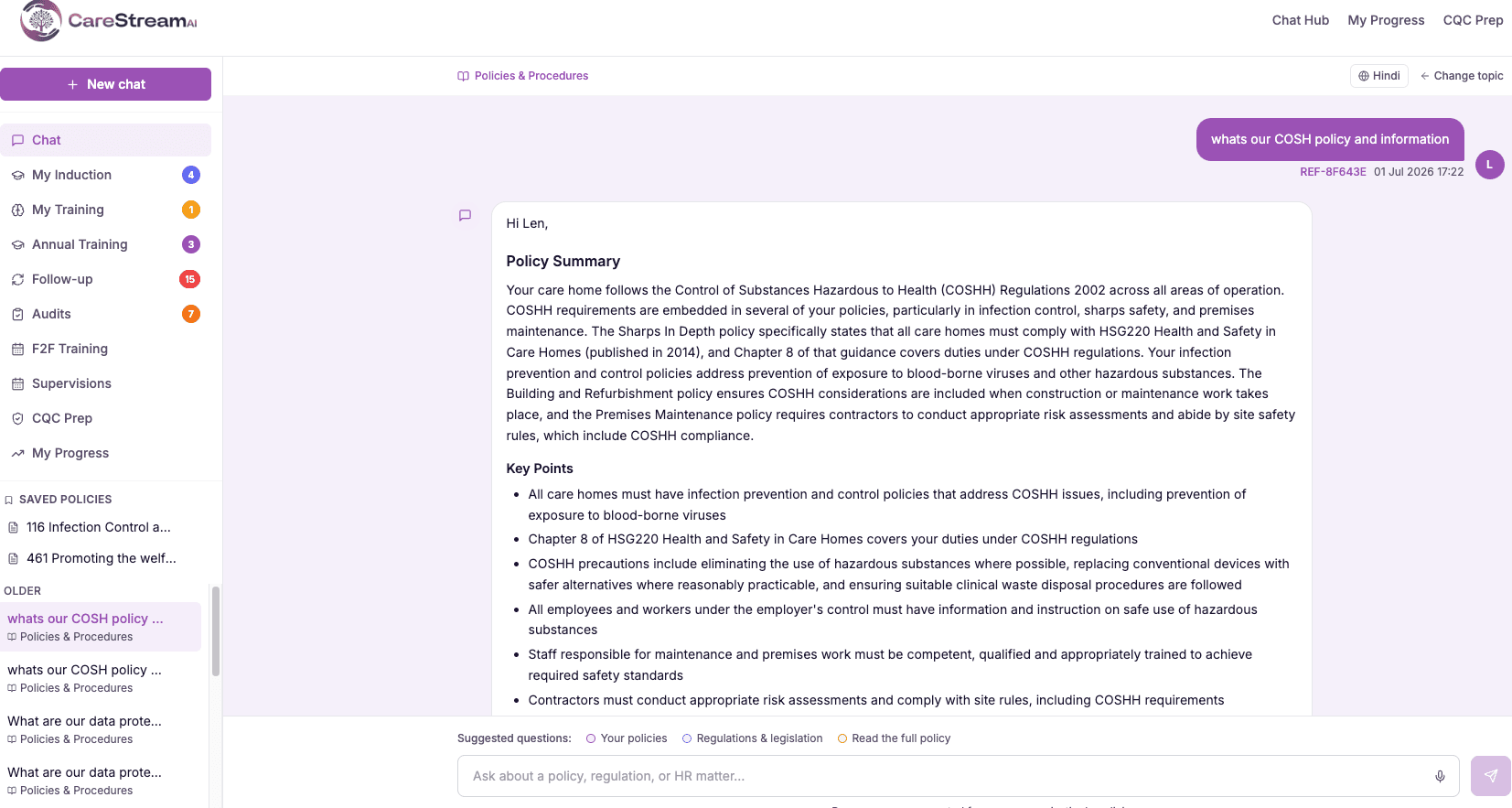 The same policy answer with a Hindi language option selected in the CareStream chat.