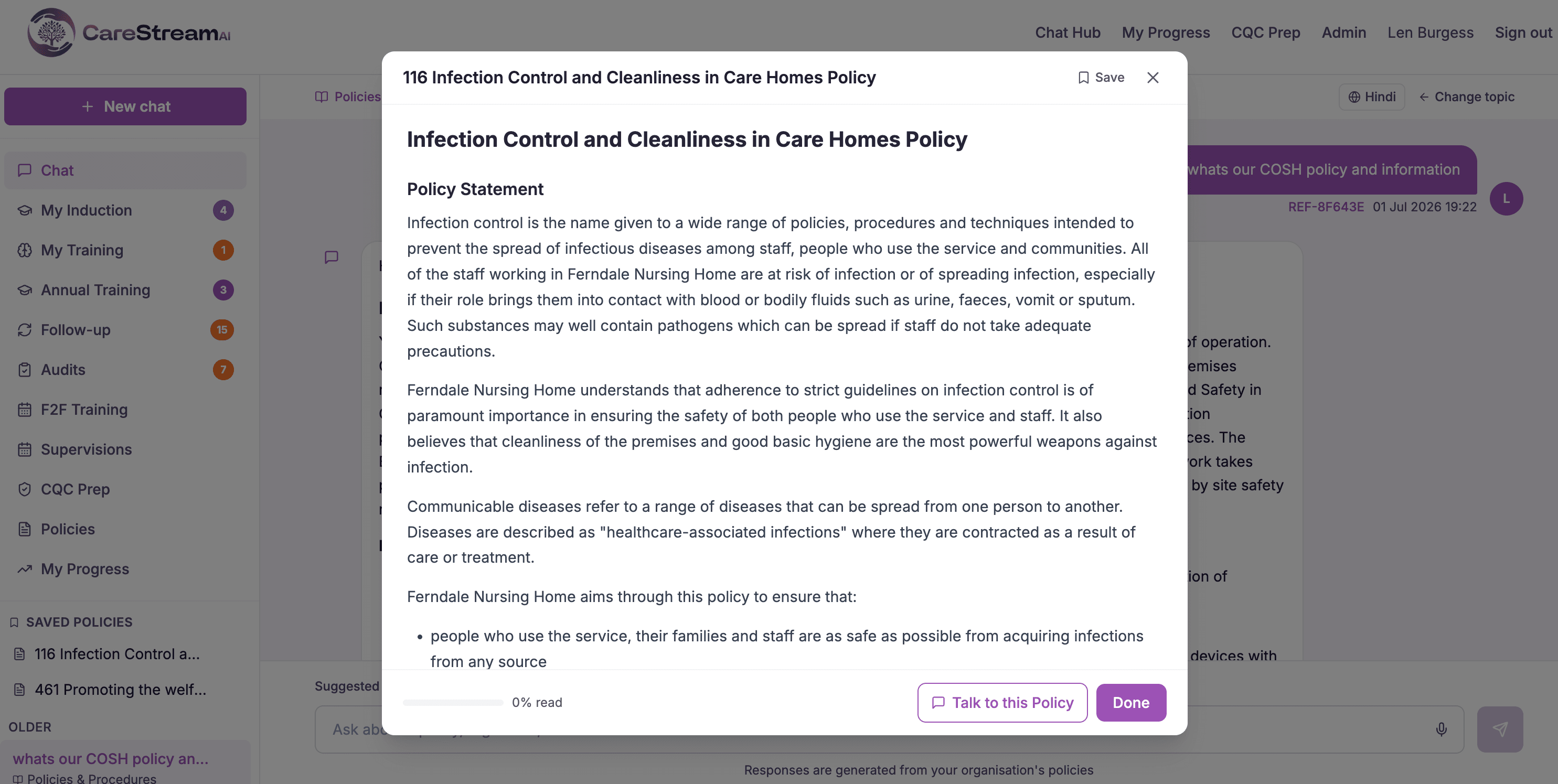 A staff member asks the CareStream web chat about the COSHH policy and gets a clear, sourced answer.