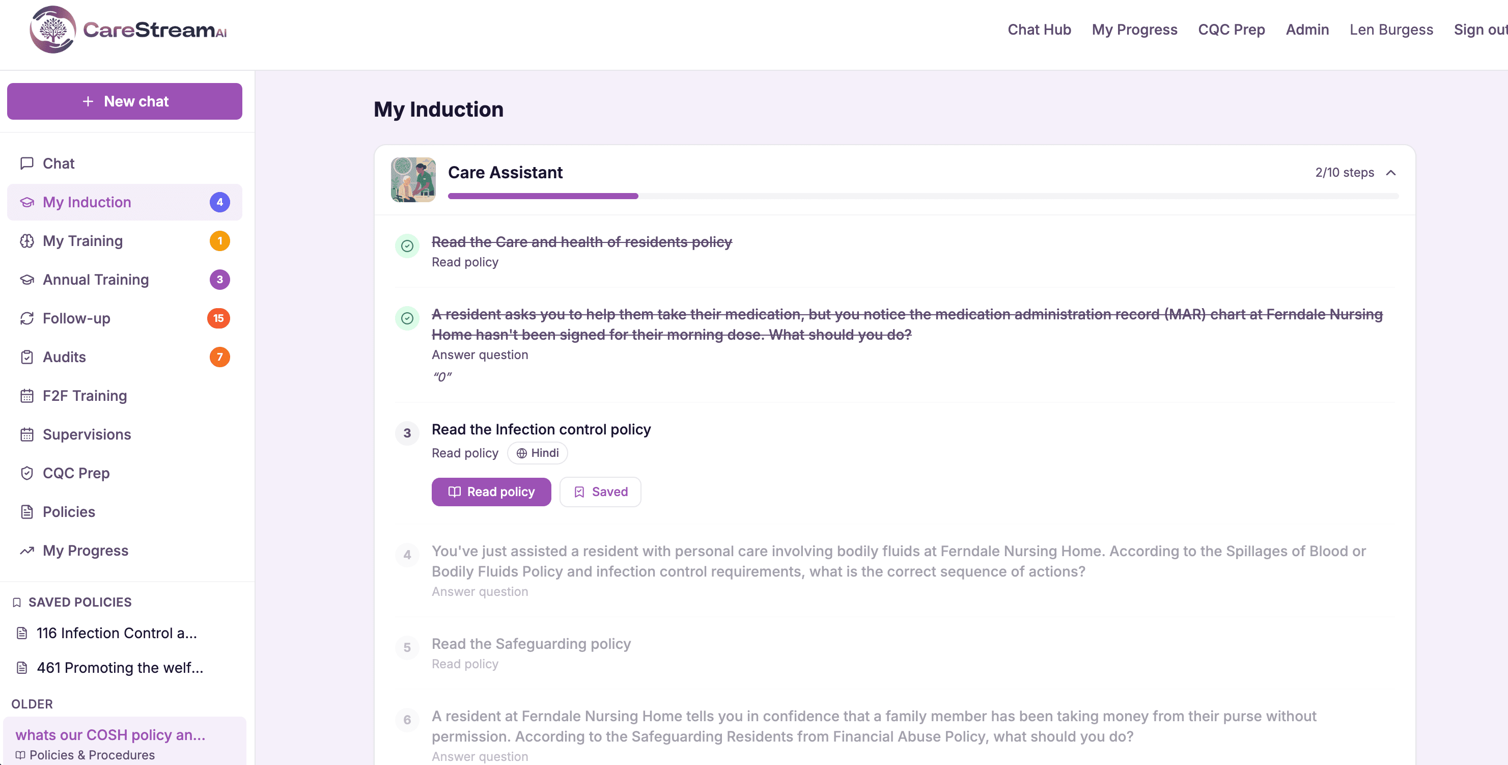 A Care Assistant induction checklist in CareStream with read-policy and answer-question steps.