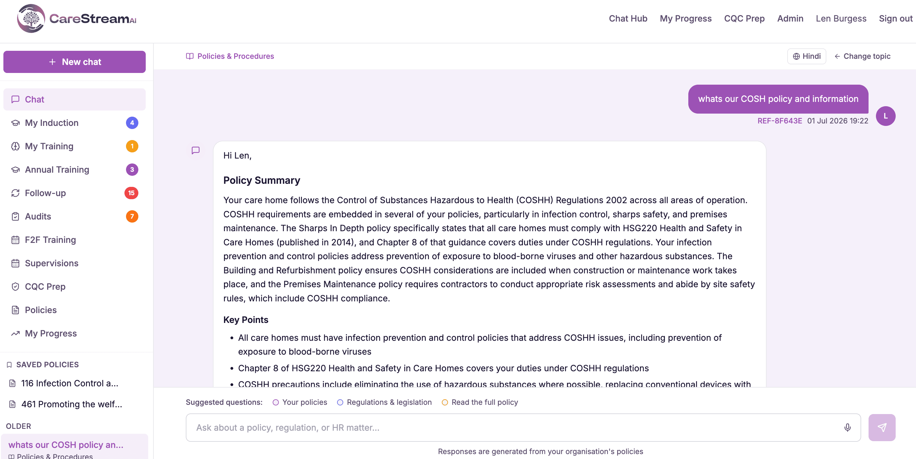 Suggested starter questions in the CareStream chat, such as how to handle safeguarding concerns involving staff members.
