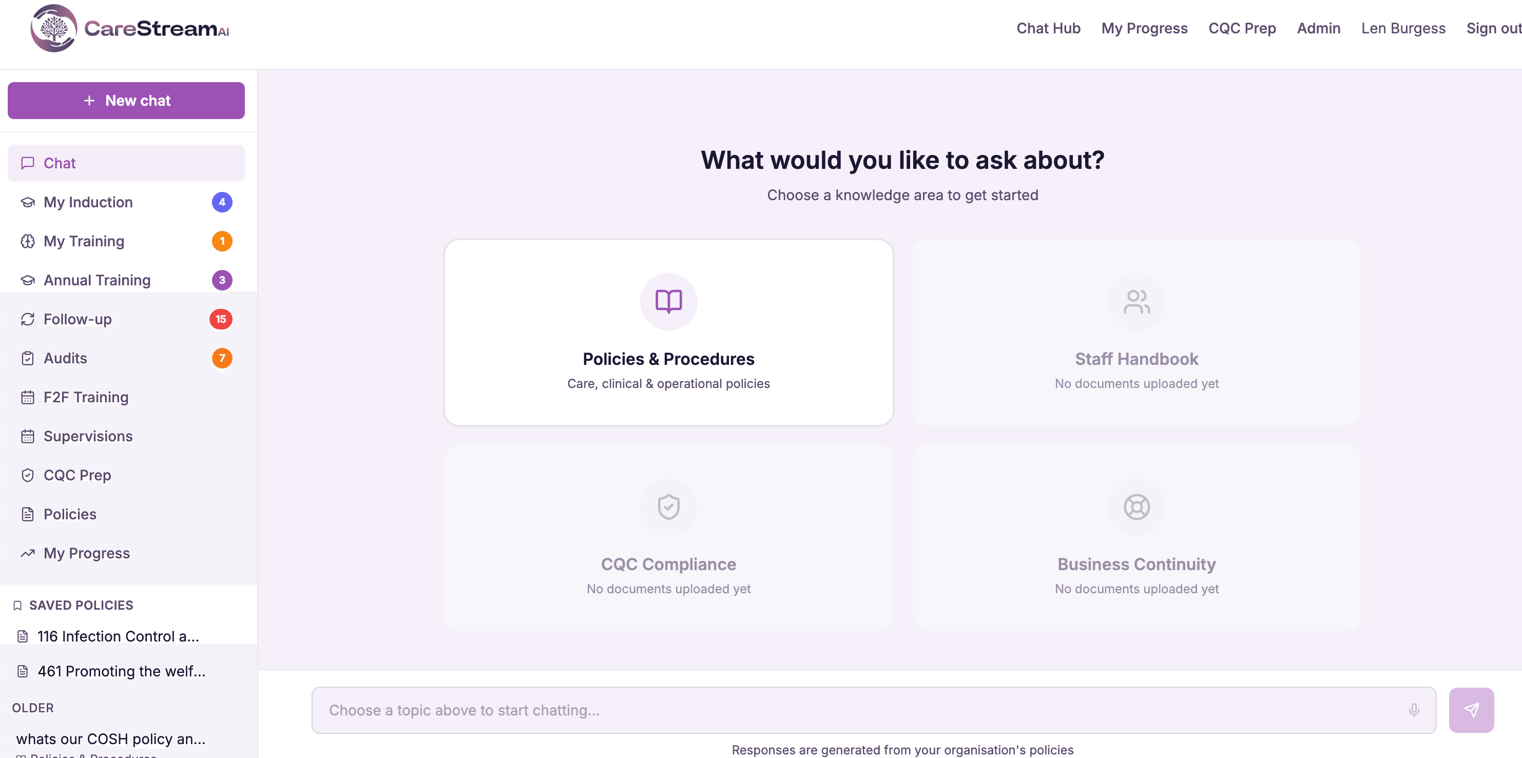 The CareStream chat home showing knowledge areas: Policies & Procedures, Staff Handbook, CQC Compliance and Business Continuity.