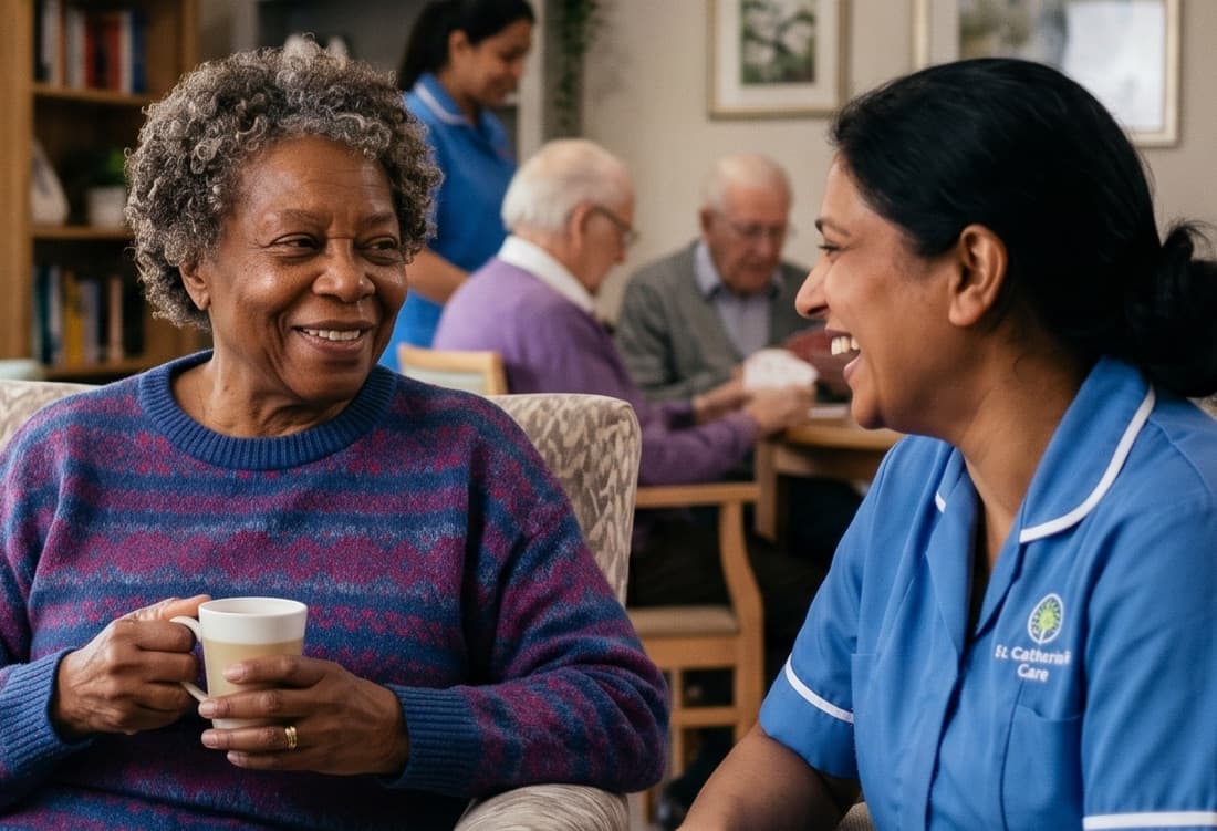 Start a free CareStreamAI trial. Showcasing a nurse liaising with a resident with the nurse feeling more confident that she has live access to her companies care policies.