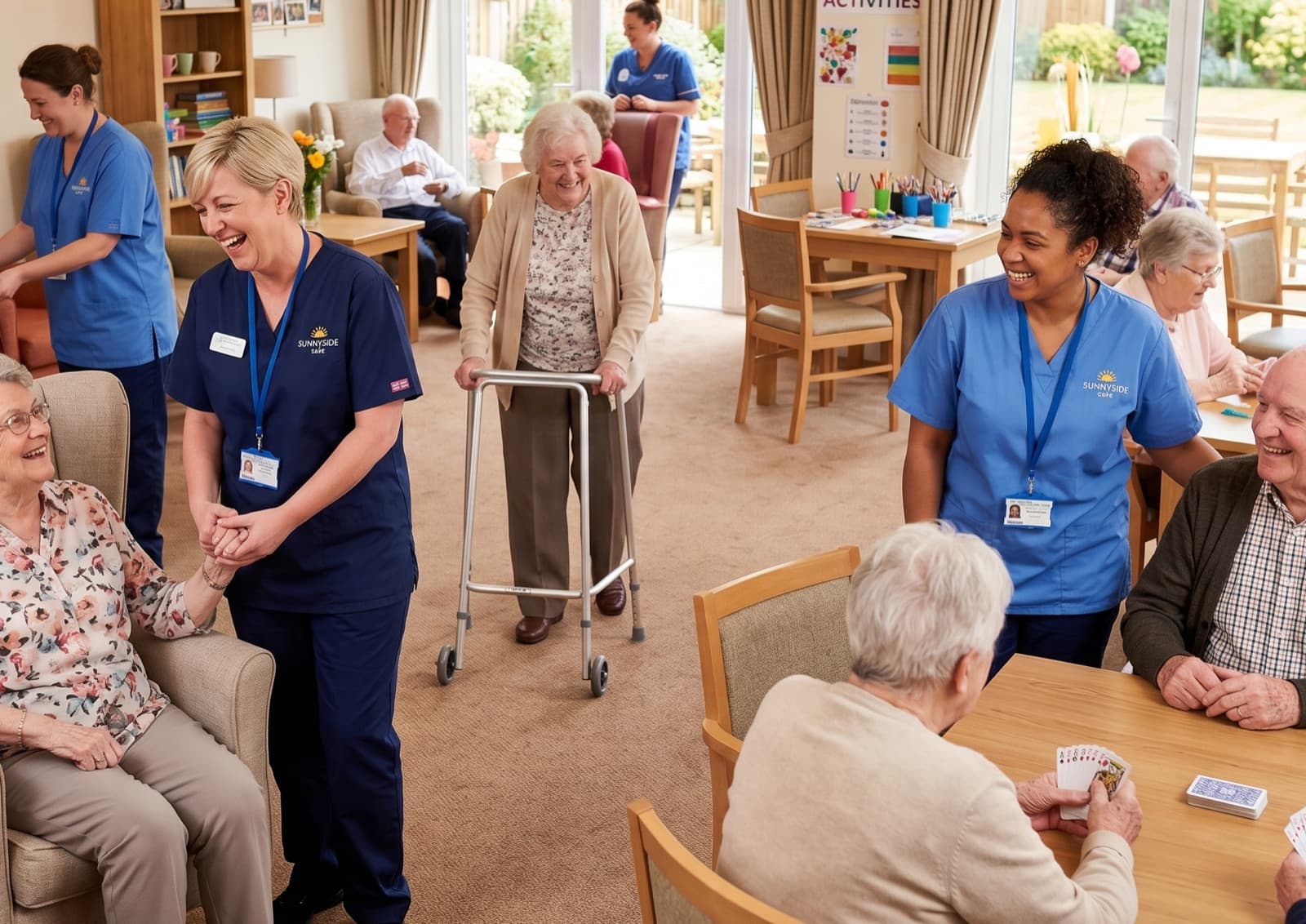 Group care home staff laughing and joking with care residents