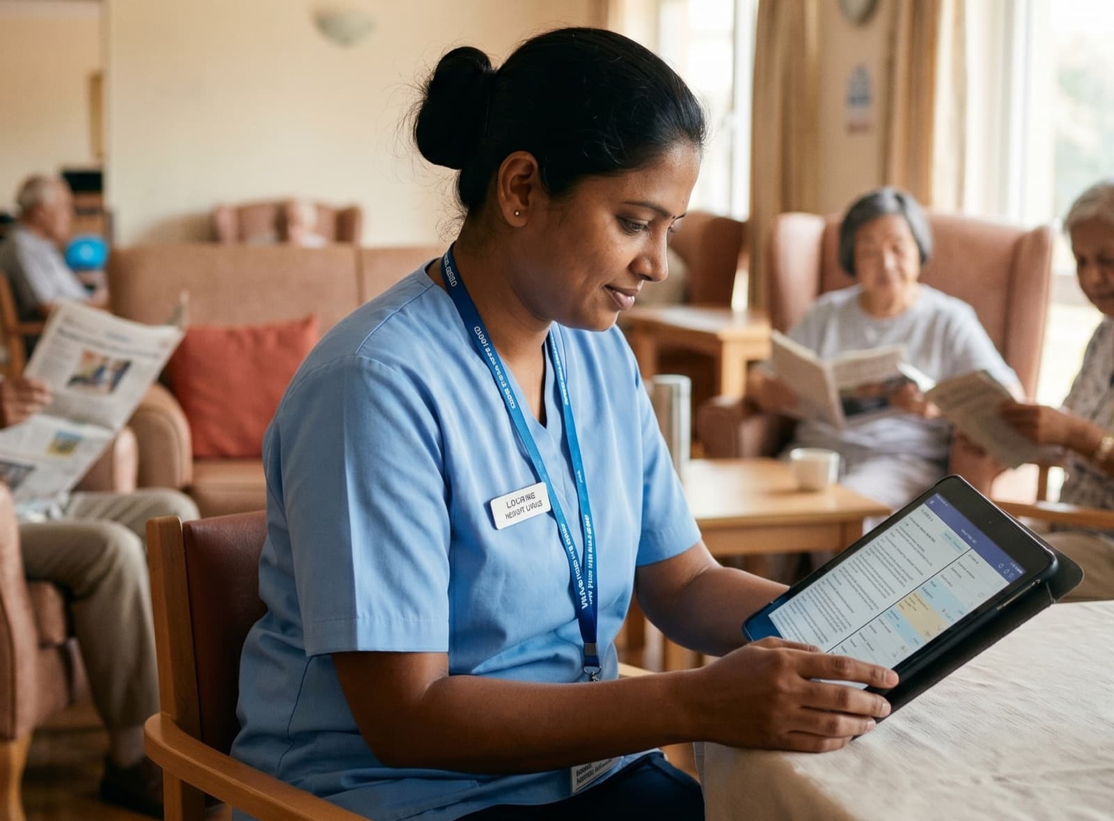 A care worker using CareStreamAI on a tablet asking questions about their care policies and how they interact with external legal policies or CQC policies.