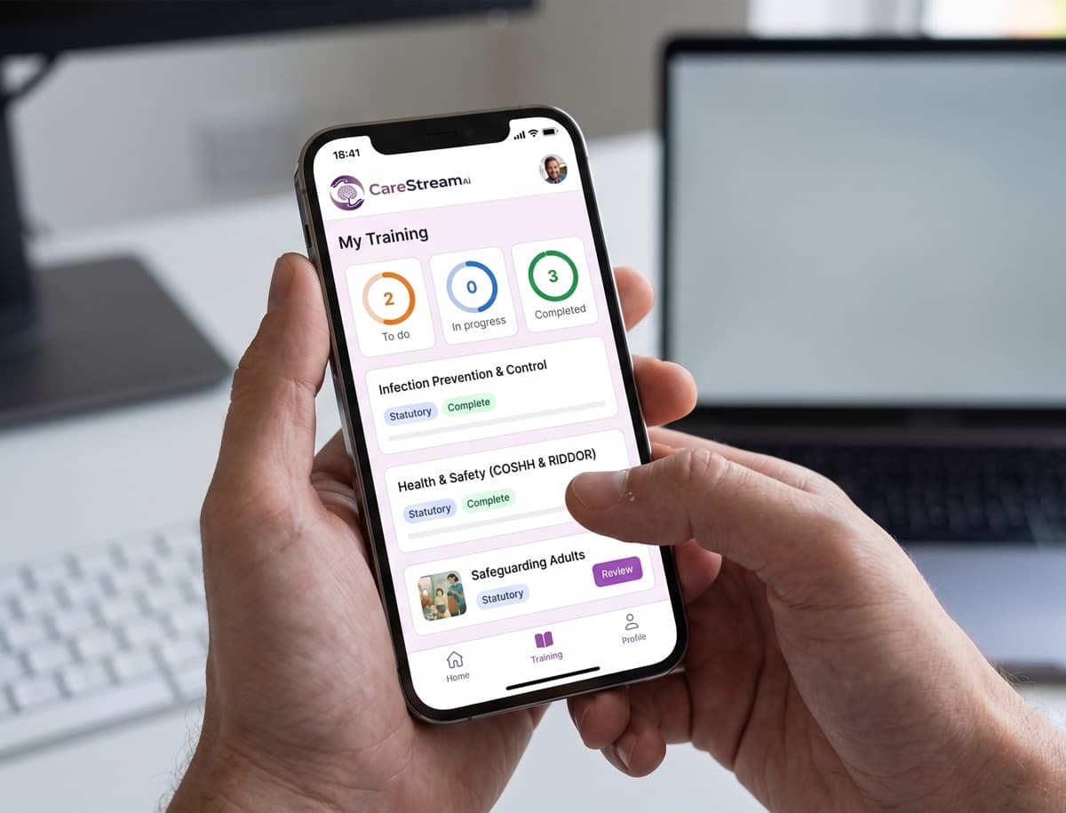 A care worker viewing their mandatory training on the CareStream app