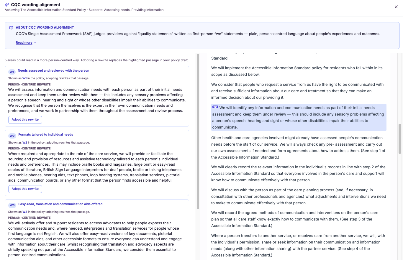 Wording alignment to the CQC quality statements