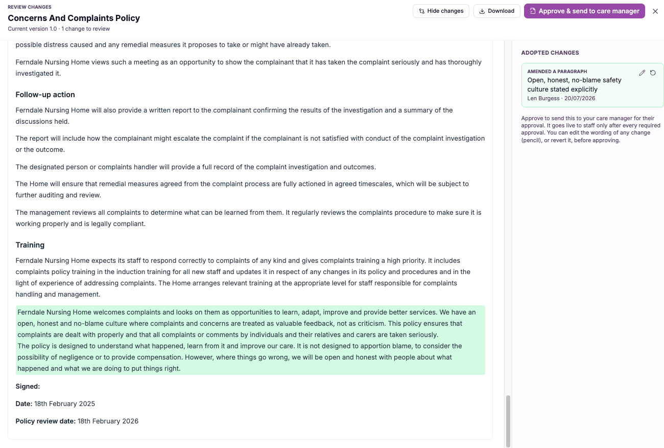 Change a policy, approve it properly, prove it happened