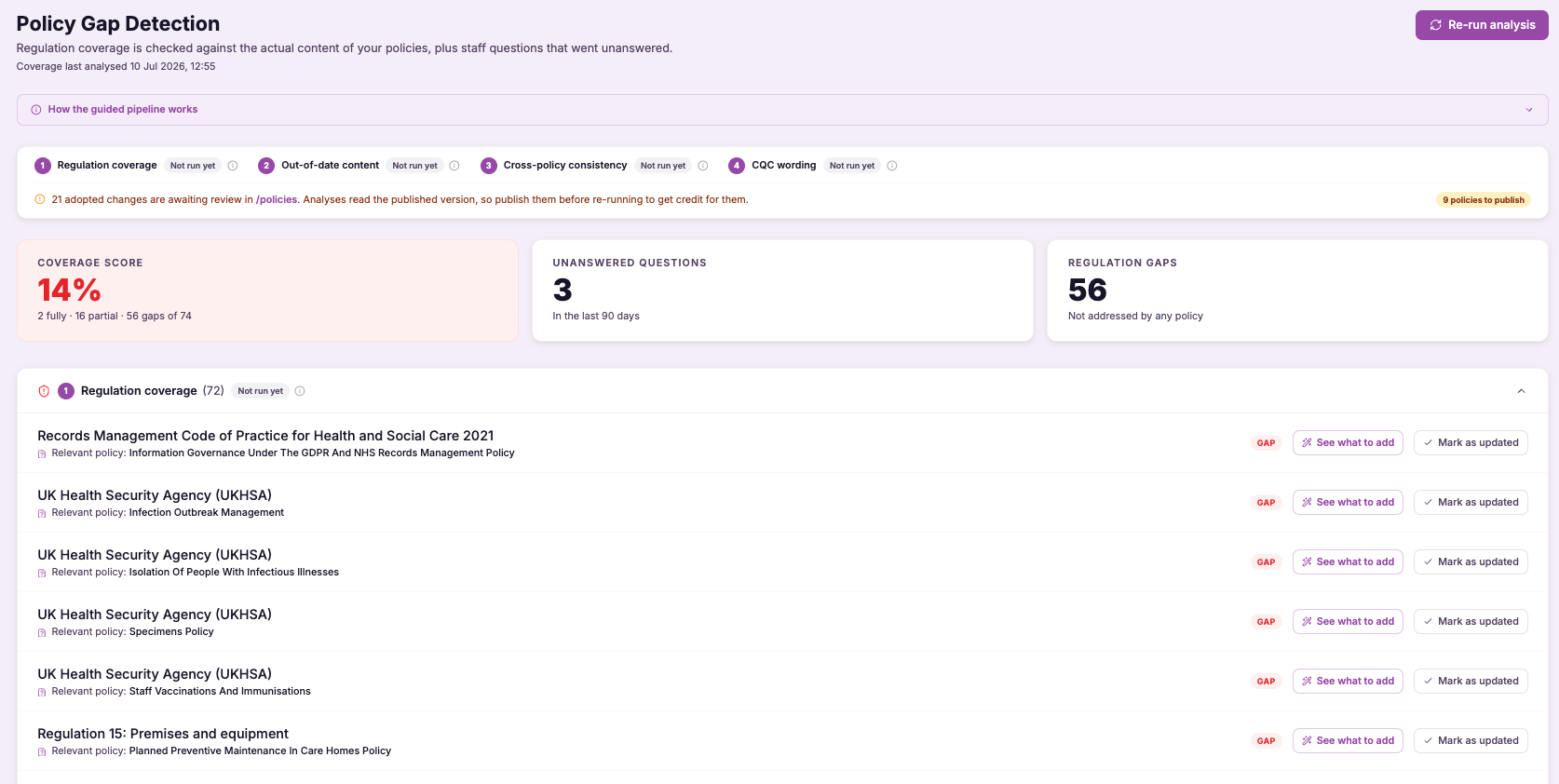 Regulation coverage analysis (reads inside your policies)
