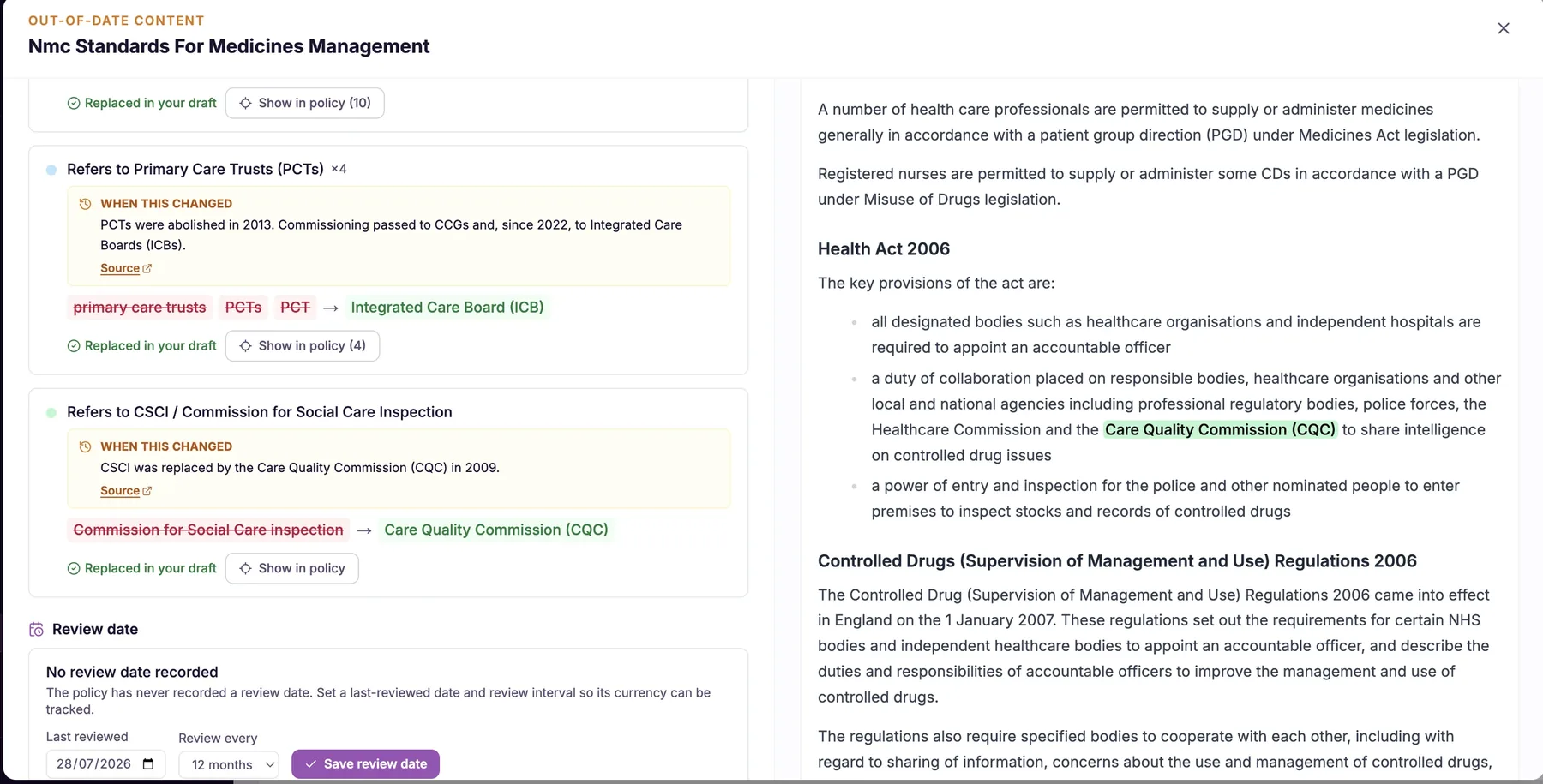 Out-of-date content detection (superseded law, placeholders)