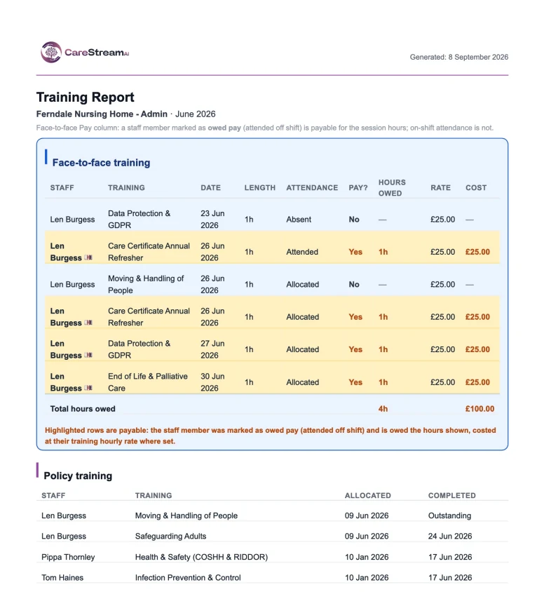Training payroll report (PDF + CSV, £ costing)
