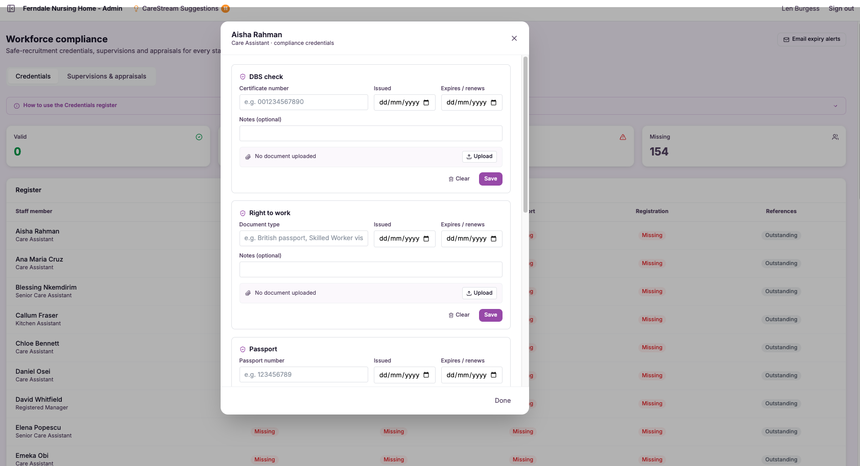 Credential document uploads + expiry alerts