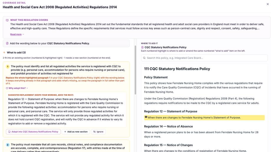 A regulation coverage detail in CareStream, showing what to add and where