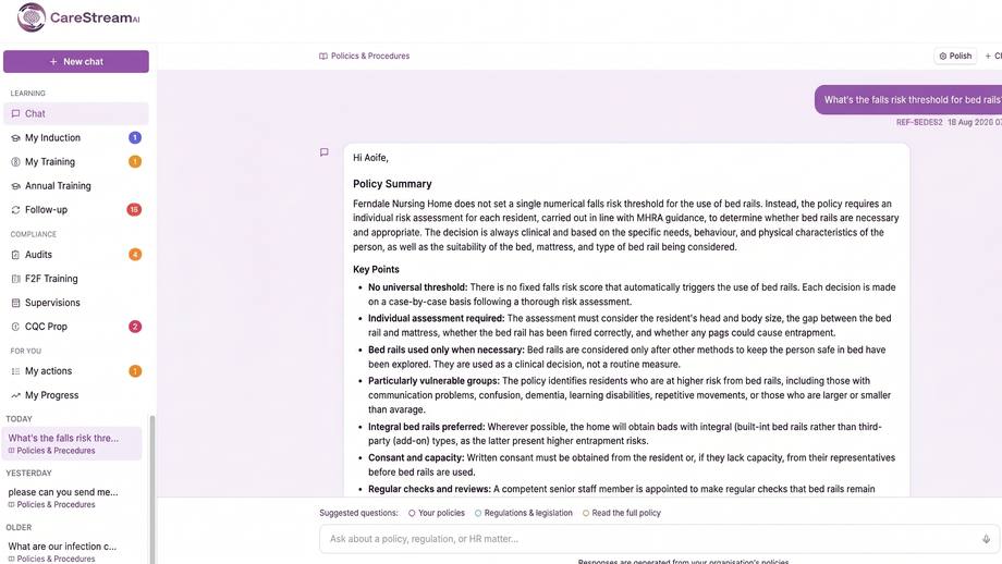 The CareStream staff hub, answering a policy question with a summary and key points