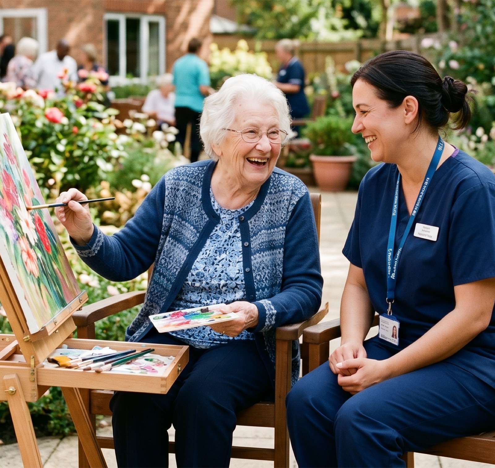 Nursing home care showing a nurse interacting with a resident with the nursing feeling more confident that she understands and has access to the care policies at any time.