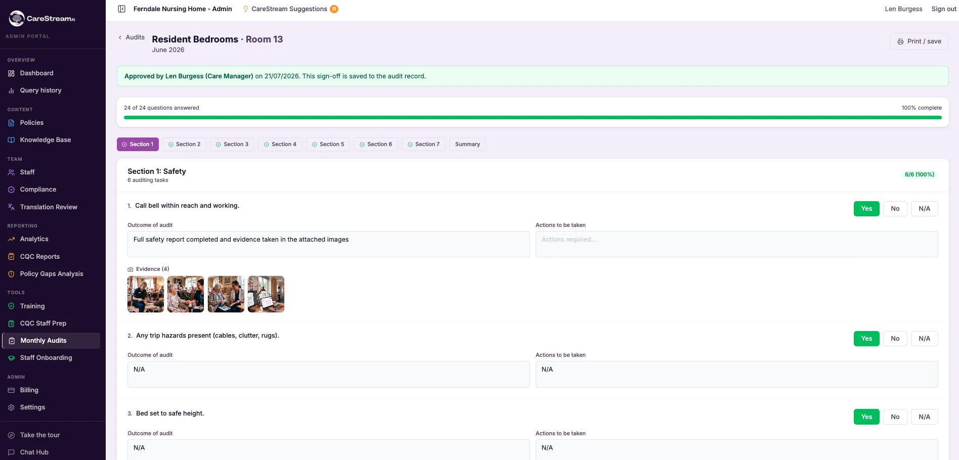 A signed PDF report with every response, every section score, and your summary. Generated instantly.