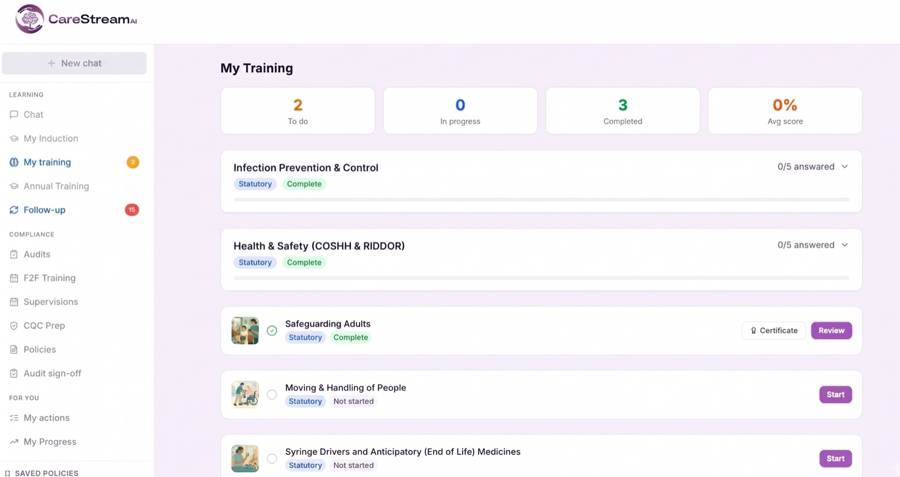 The CareStream staff training hub showing assigned courses, progress and follow up questions