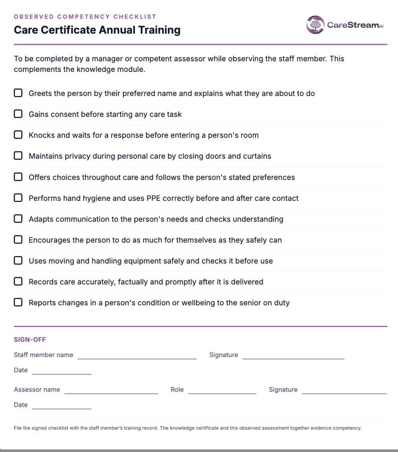 The printable observed competency checklist with tick boxes and a manager sign off section all available in CareStream