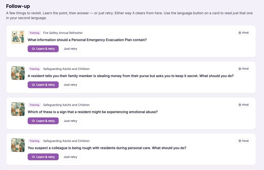 The Follow-up section of the staff hub listing the questions a staff member got wrong, each with Learn and retry options all available in CareStream