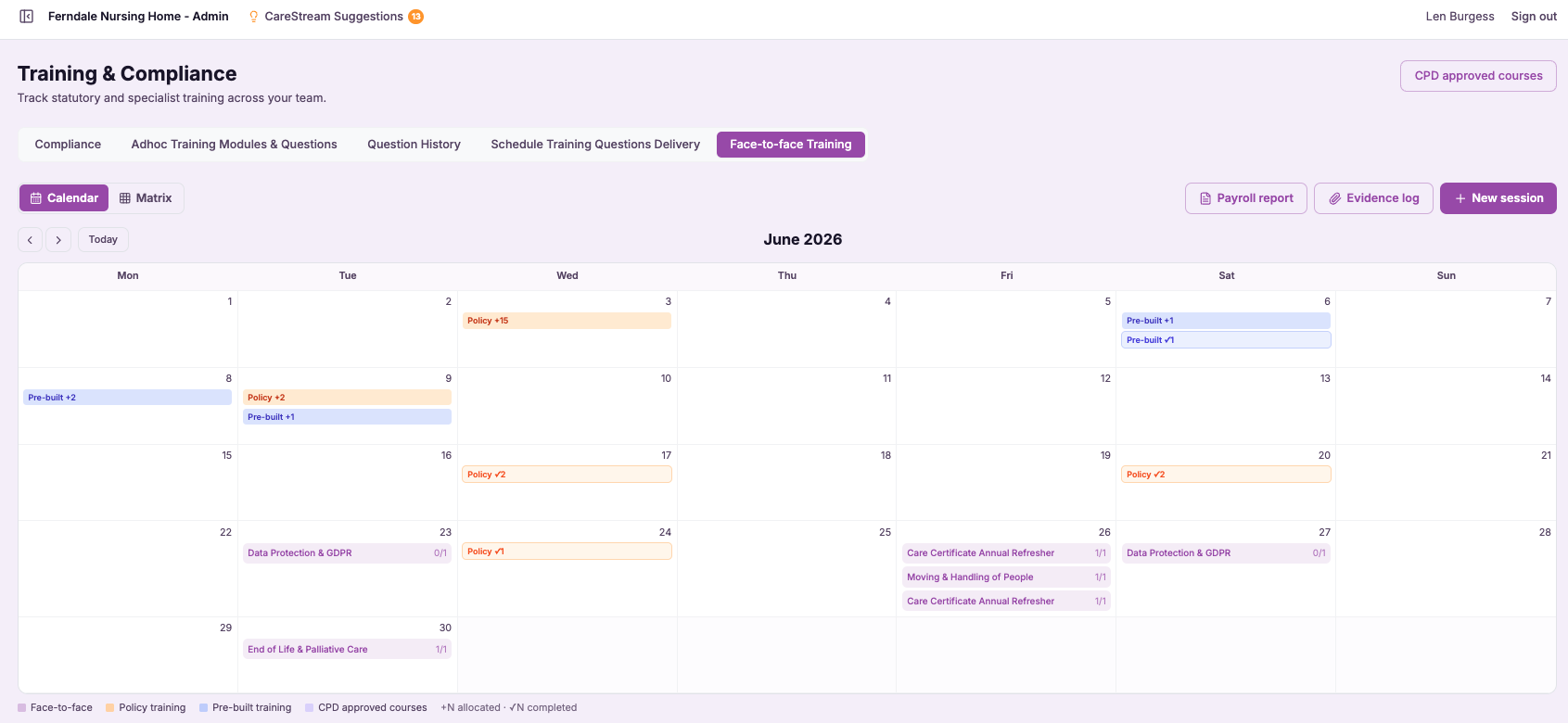 Screenshot slot Training calendar, renewals by month