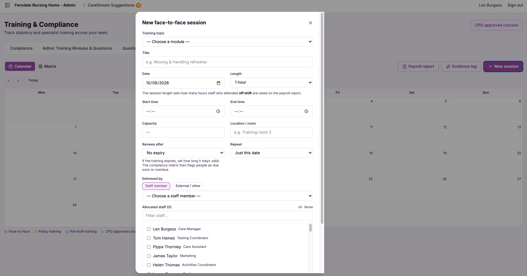 Screenshot slot Session record with attendees