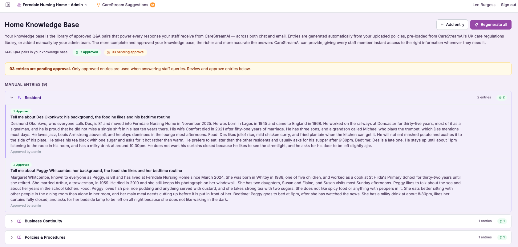 Approved resident entries in the knowledge base