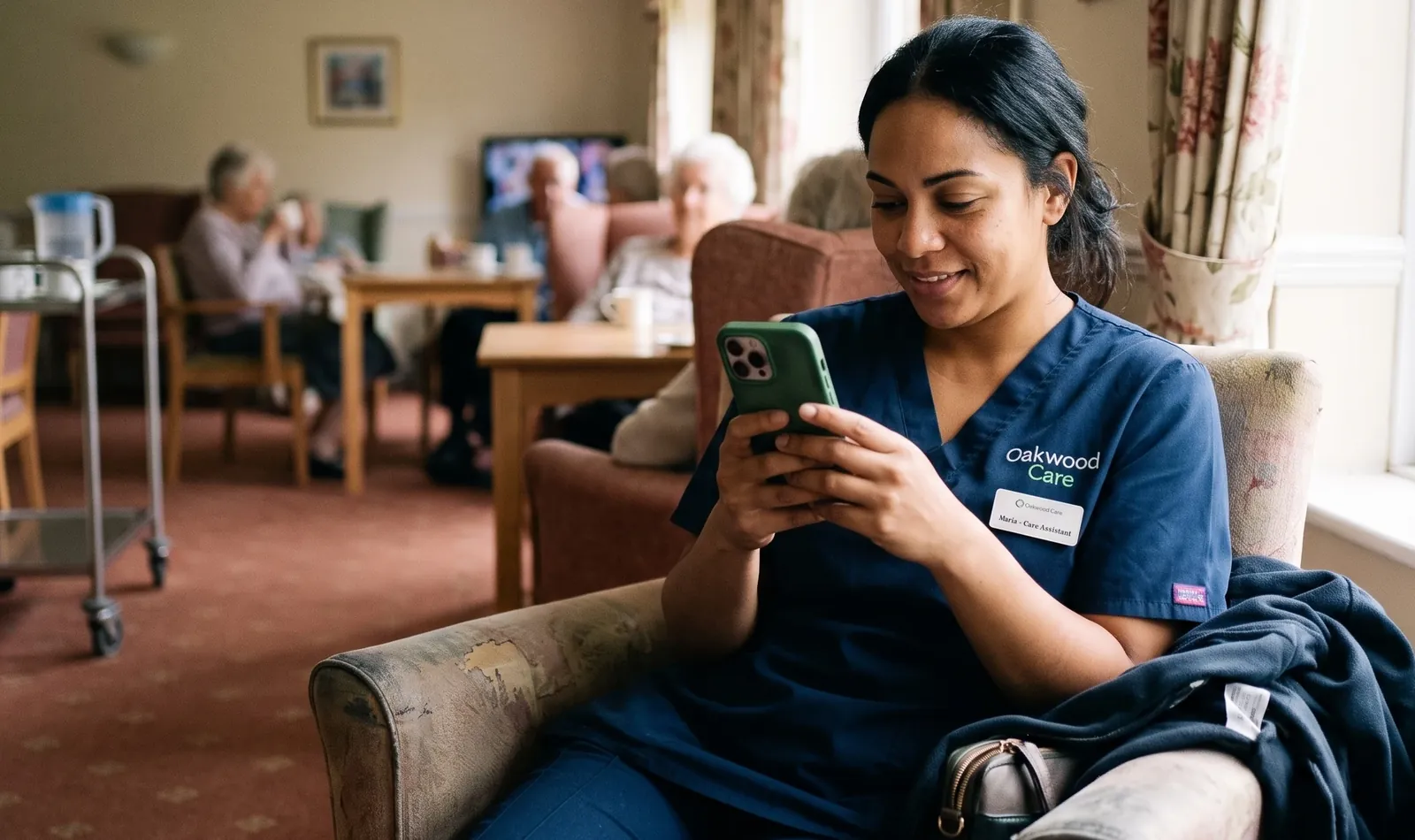 A care assistant in a care home lounge reading their phone