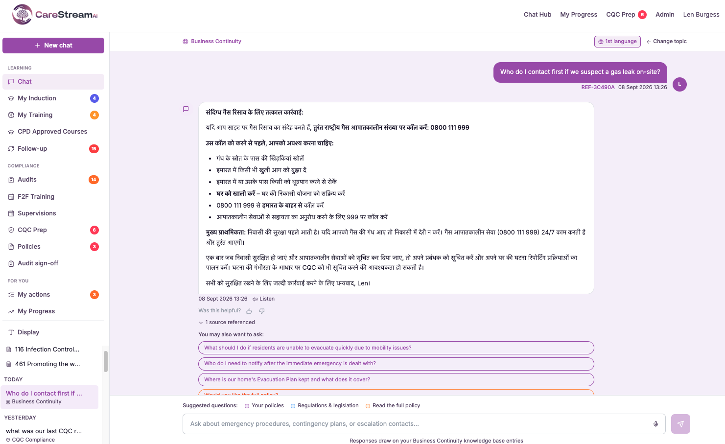 CareStream answering a staff question in the language it was asked in