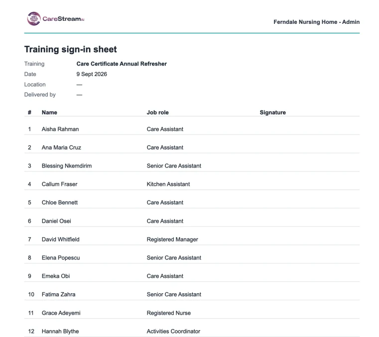 The CareStream CQC evidence pack with sign-in sheets, certificates and files